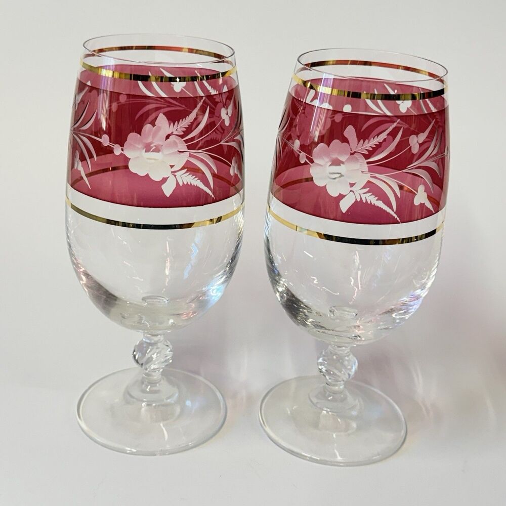 2 Bohemian Crystal Etched Wine Water Glasses Gold Trim Floral Pattern Pink Cranb
